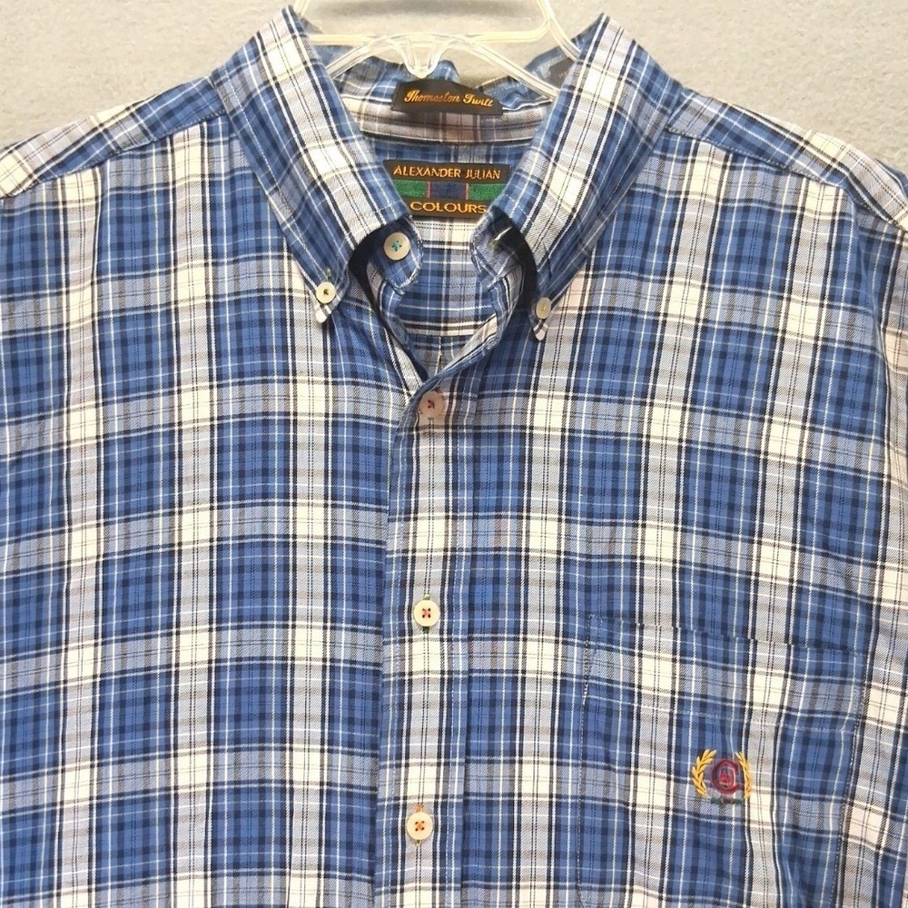 Alexander Julian Colours Mens Thomaston Twill Blue Plaid Button Down Shirt XL